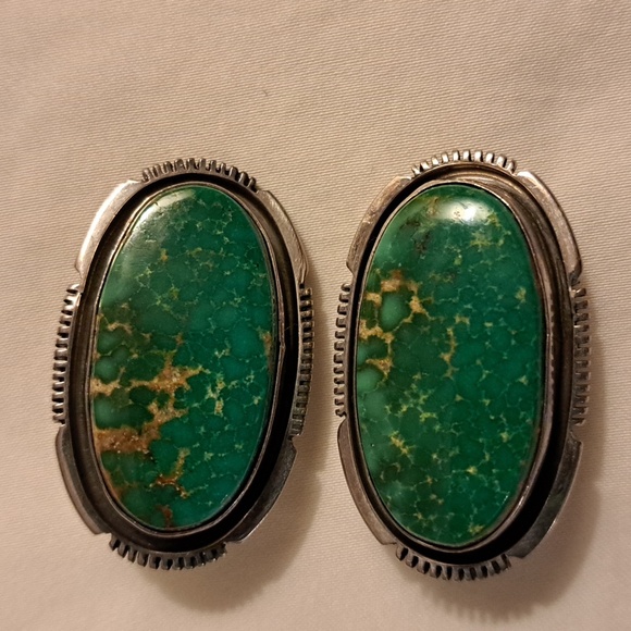 P Sanchez  sterling teal colored turquoise 1 and half approx inch clip earrings - Picture 2 of 4